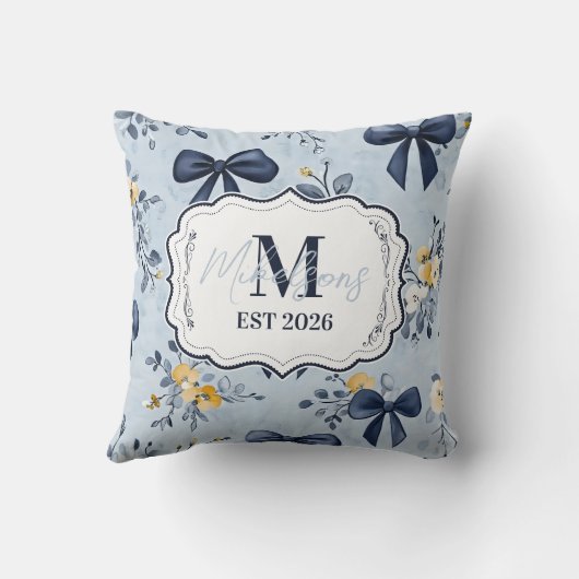 Custom Elegant Blue Bow Floral Monogram クッション (裏面)