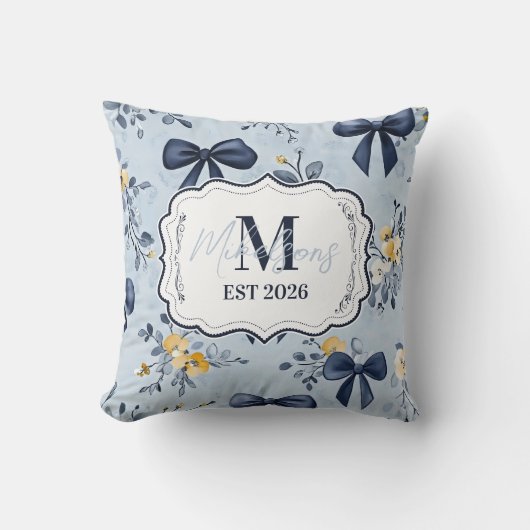 Custom Elegant Blue Bow Floral Monogram クッション (正面)