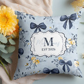 Custom Elegant Blue Bow Floral Monogram クッション