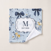 Custom Elegant Blue Bow Floral Monogram バスタオルセット (ウォッシュタオル)