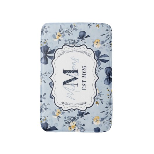 Custom Elegant Blue Bow Floral Monogram バスマット (正面縦)