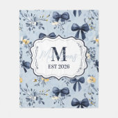 Custom Elegant Blue Bow Floral Monogram フリースブランケット (正面)
