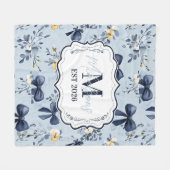 Custom Elegant Blue Bow Floral Monogram フリースブランケット (正面(横))