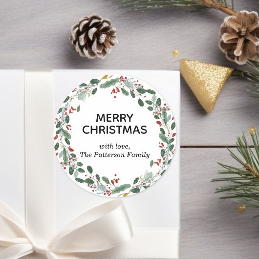 Custom Elegant Christmas Wreath Family Name  ラウンドシール