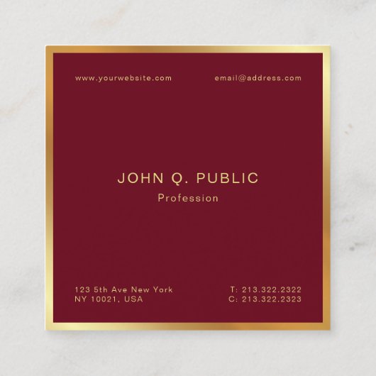 Custom Elegant Gold Text Burgundy Red Luxe Silk スクエア名刺 (裏面)