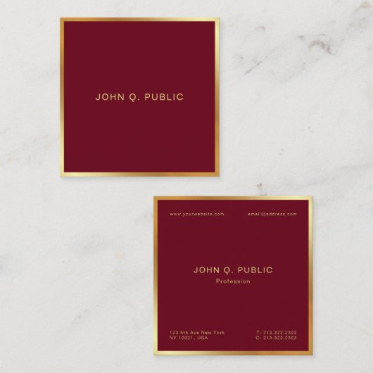 Custom Elegant Gold Text Burgundy Red Luxe Silk スクエア名刺 (正面/裏面)