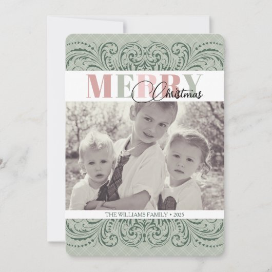 Custom Elegant Green & Pink Photo Christmas Cards シーズンカード (正面)