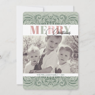 Custom Elegant Green & Pink Photo Christmas Cards シーズンカード