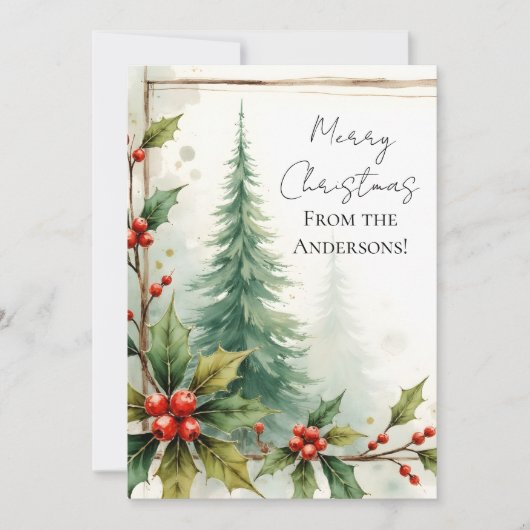 Custom Elegant Holly Pine Christmas Card シーズンカード (正面)