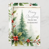 Custom Elegant Holly Pine Christmas Card シーズンカード (正面/裏面)