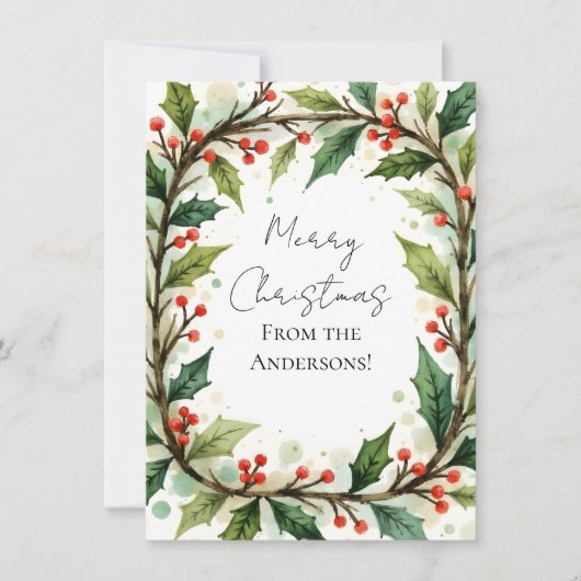 Custom Elegant Holly Pine Christmas Card シーズンカード (正面)