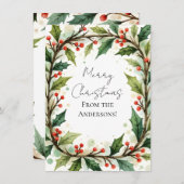 Custom Elegant Holly Pine Christmas Card シーズンカード (正面/裏面)