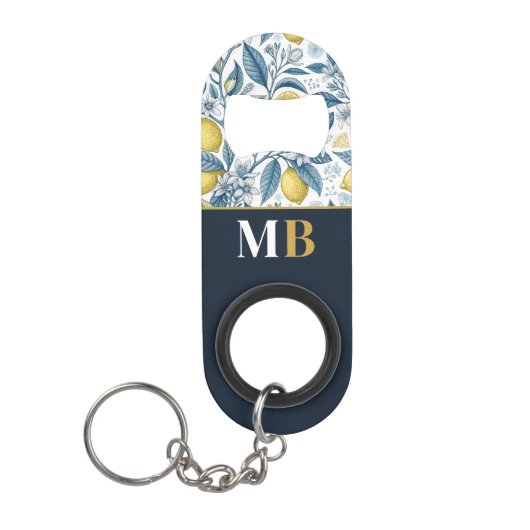 Custom Elegant Mediterranean Lemon Botanical Navy キーホルダー栓抜き (正面)