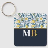 Custom Elegant Mediterranean Lemon Botanical Navy キーホルダー (正面)