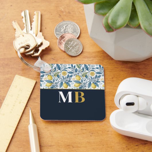 Custom Elegant Mediterranean Lemon Botanical Navy キーホルダー (デスク)