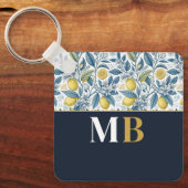 Custom Elegant Mediterranean Lemon Botanical Navy キーホルダー (正面)