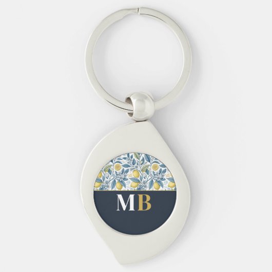 Custom Elegant Mediterranean Lemon Botanical Navy キーホルダー (正面)