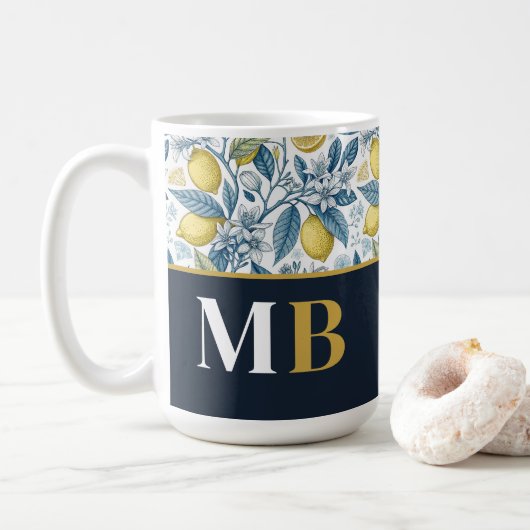 Custom Elegant Mediterranean Lemon Botanical Navy コーヒーマグカップ (ドーナツ)