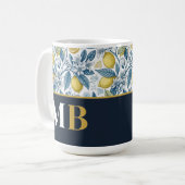 Custom Elegant Mediterranean Lemon Botanical Navy コーヒーマグカップ (正面左)