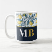 Custom Elegant Mediterranean Lemon Botanical Navy コーヒーマグカップ (左)