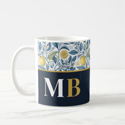Custom Elegant Mediterranean Lemon Botanical Navy コーヒーマグカップ (左)