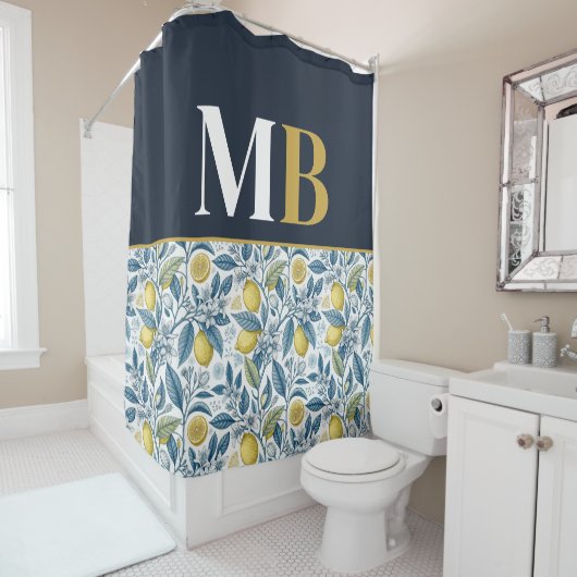 Custom Elegant Mediterranean Lemon Botanical Navy シャワーカーテン (インサイチュ)