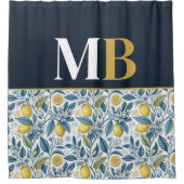 Custom Elegant Mediterranean Lemon Botanical Navy シャワーカーテン (正面)