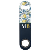 Custom Elegant Mediterranean Lemon Botanical Navy スピード栓抜き (裏面)