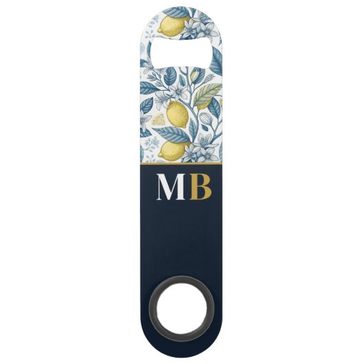 Custom Elegant Mediterranean Lemon Botanical Navy スピード栓抜き (正面)