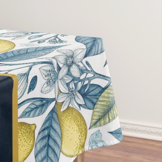 Custom Elegant Mediterranean Lemon Botanical Navy テーブルクロス (インサイチュ)
