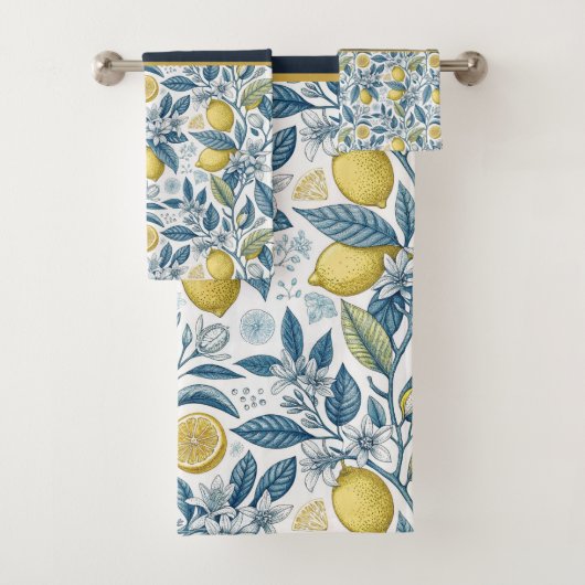Custom Elegant Mediterranean Lemon Botanical Navy バスタオルセット (インサイチュ)