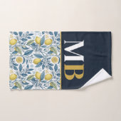 Custom Elegant Mediterranean Lemon Botanical Navy バスタオルセット (ハンドタオル)