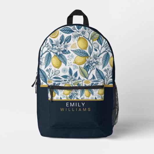 Custom Elegant Mediterranean Lemon Botanical Navy プリントバックパック (正面)