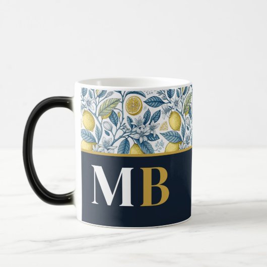 Custom Elegant Mediterranean Lemon Botanical Navy モーフィングマグカップ (左)