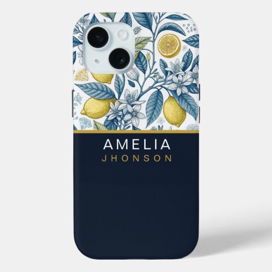 Custom Elegant Mediterranean Lemon Botanical Navy Case-Mate iPhoneケース (裏面)