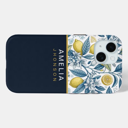 Custom Elegant Mediterranean Lemon Botanical Navy Case-Mate iPhoneケース (裏面 (横))