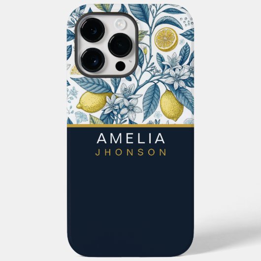 Custom Elegant Mediterranean Lemon Botanical Navy Case-Mate iPhoneケース (裏面)