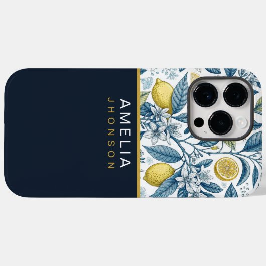 Custom Elegant Mediterranean Lemon Botanical Navy Case-Mate iPhoneケース (裏面 (横))