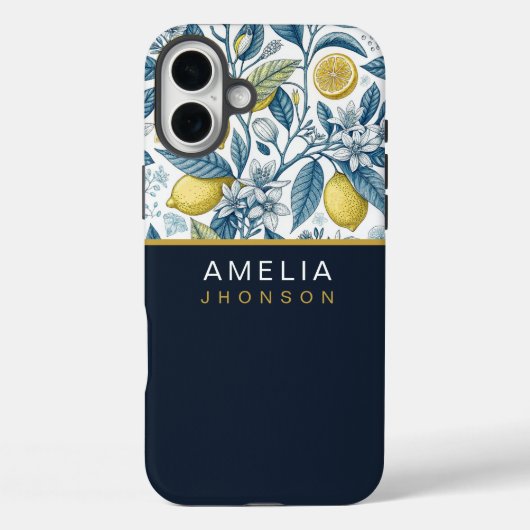 Custom Elegant Mediterranean Lemon Botanical Navy Case-Mate iPhoneケース (裏面)