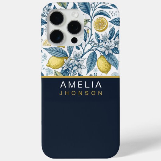Custom Elegant Mediterranean Lemon Botanical Navy Case-Mate iPhoneケース (裏面)