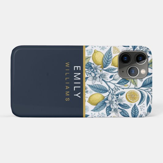 Custom Elegant Mediterranean Lemon Botanical Navy Case-Mate iPhoneケース (裏面(横))