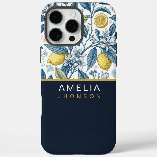 Custom Elegant Mediterranean Lemon Botanical Navy Case-Mate iPhoneケース (裏面)