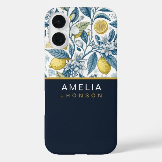 Custom Elegant Mediterranean Lemon Botanical Navy Case-Mate iPhoneケース (裏面)
