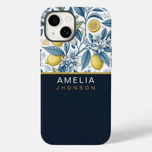 Custom Elegant Mediterranean Lemon Botanical Navy Case-Mate iPhoneケース (裏面)