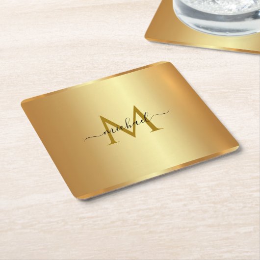Custom Elegant Name Monogram Initial Template Gold スクエアペーパーコースター (アングル)
