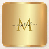 Custom Elegant Name Monogram Initial Template Gold スクエアペーパーコースター (正面)