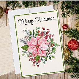 Custom Elegant Pink Poinsettia Flat Christmas Card シーズンカード