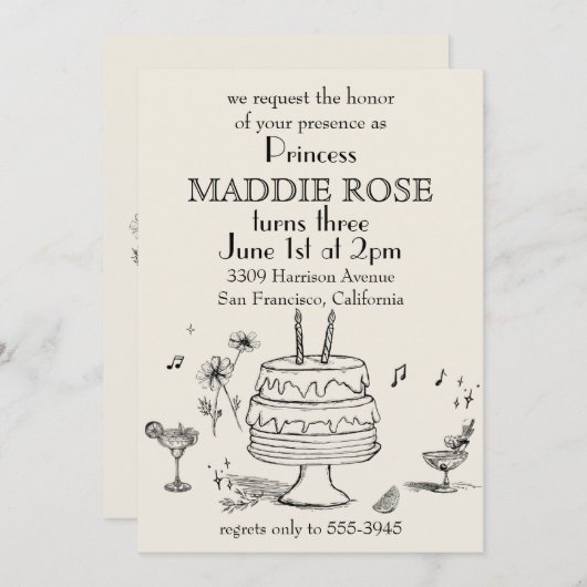 Custom Elegant Princess Cake 3rd Birthday Invite 招待状 (正面/裏面)