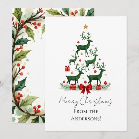 Custom Elegant Reindeer Tree Christmas Card シーズンカード (正面/裏面)