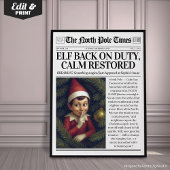 Custom Elf Back on Duty Newspaper Decor, Christmas ポスター
